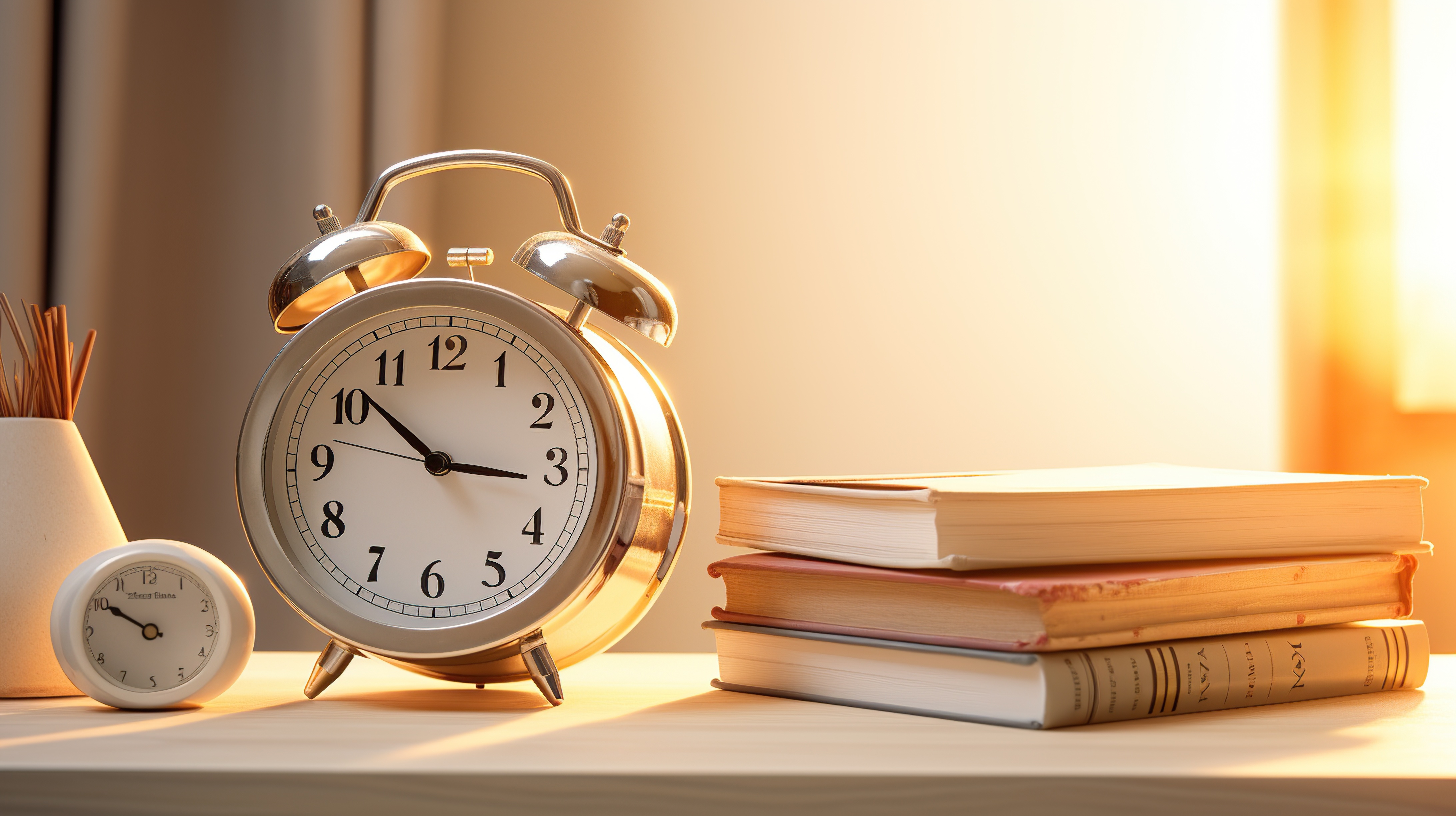 Alarm clock on desk with sunlight shining down